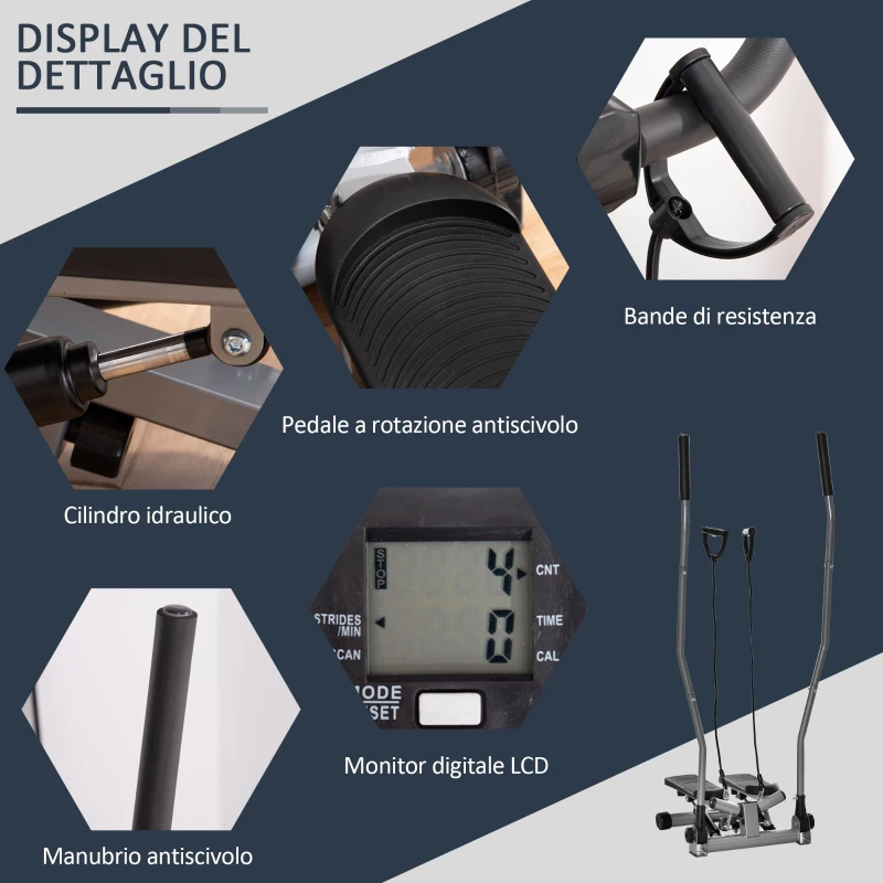 HOMCOM Stepper Fitness con Maniglia e Monitor LCD per Allenamento a Casa e Palestra, Argento