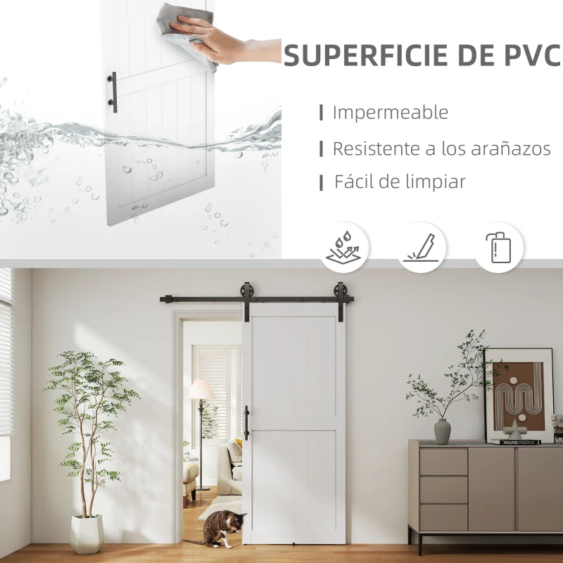 HOMCOM Puerta Corredera de Granero con Herrajes Manija Rodillo y Guía de Suelo Mejorados para Baño Salón 91,5x213,4 cm Blanco(m-4)