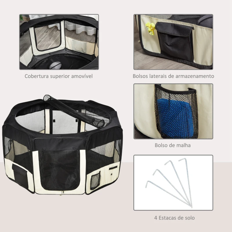 PawHut Parque para Animais de Estimação Dobrável com 2 Portas e Almofada Tecido Oxford Ø114x58 cm Preto e Creme