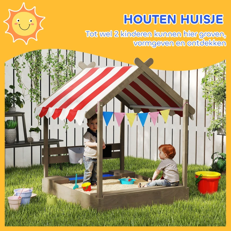 Outsunny Zandbak met Zonbescherming, Speelhuis-Design, met Speelgoed-Set, Behandeld Massief Hout, 124 x 116 x 146 cm, Grijs