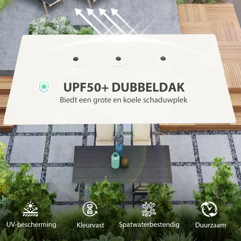 Outsunny Dubbelzijdige Parasol, 451 x 264 cm Zonnescherm met Kruksysteem, 12 Metalen Baleinen, Aluminiummast, Crèmewit(m-7)