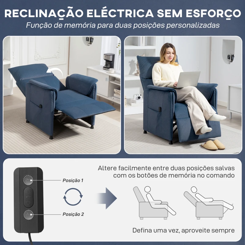 HOMCOM Poltrona Relax Reclinável Elétrica com Função Memória Apoio para Pés Controlo Remoto e Bolsos Laterais 80x83x104 cm Azul