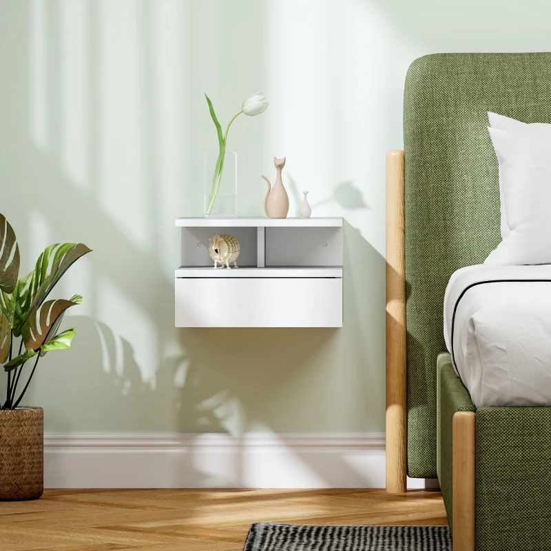 HOMCOM Comodino Sospeso per Camera da Letto con Cassetto e Mensola in Legno, 35x32x22.5cm, Bianco