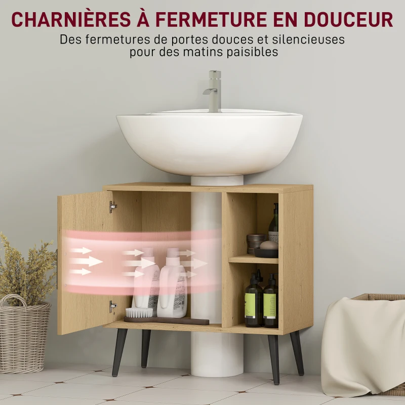 HOMCOM Meuble sous lavabo salle de bain avec porte à fermeture progressive et étagère réglable, 60 x 30 x 59,5 cm, chêne