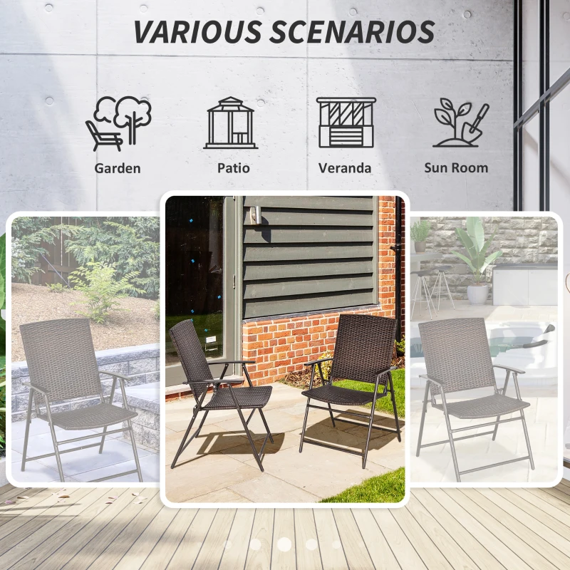 Outsunny 2pcs Folding Garden Chair Rattan Bistro Set with Armrest for Outdoor Steel Frame