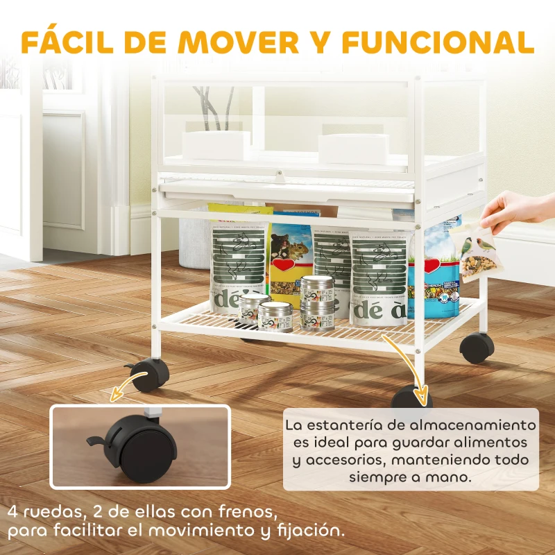 PawHut Jaula para Pájaros de 2 Niveles con Paneles Acrílicos Comederos Perchas Ruedas y Estante Inferior 48x46x134,5 cm Blanco