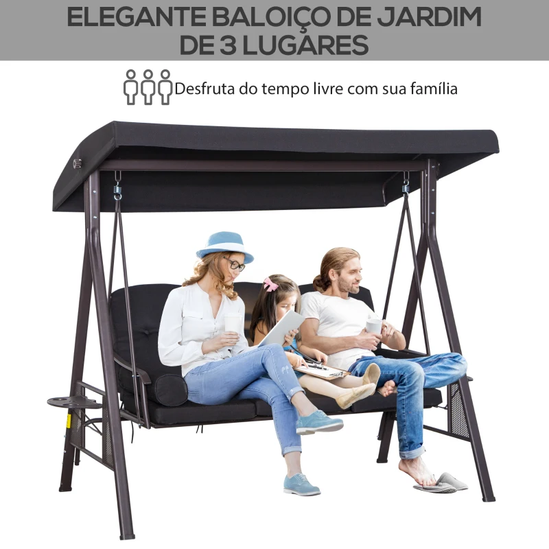 Outsunny Banco Baloiço de Jardim de 3 Lugares com Teto 2 Almofadas Suporte para Bebidas 206x116x183 cmPreto