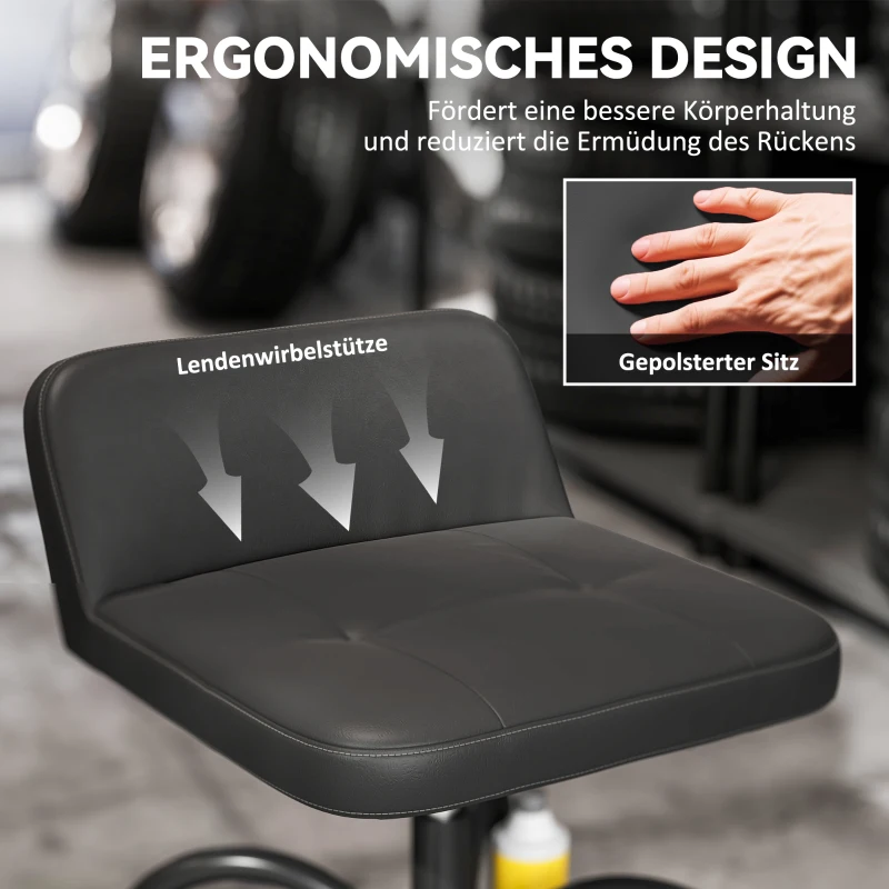 HOMCOM Werkstatthocker mit Rollen Ablagefläche, 58,5 cm hoch Rollhocker bis 135 kg belastbar Schwarz