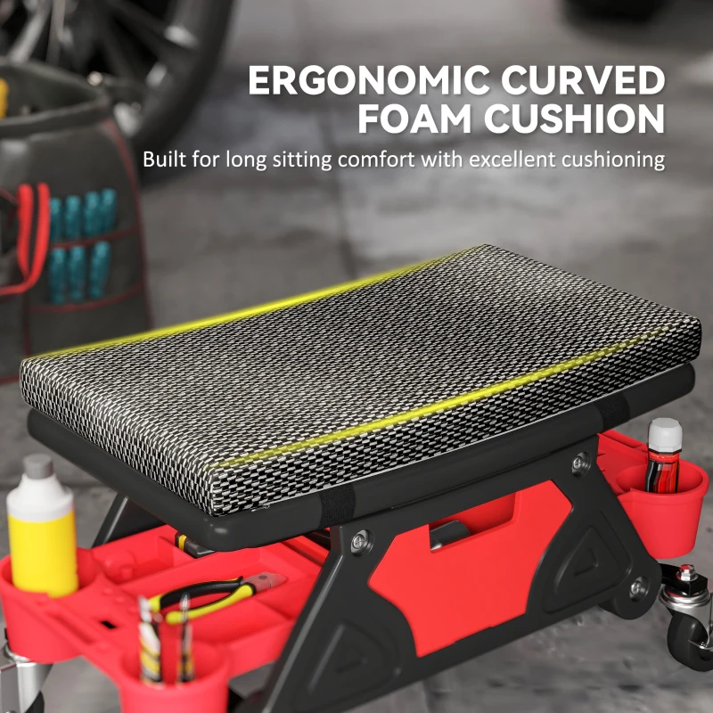 HOMCOM Rolling Mechanic Stool, 135kg Capacity Workshop Stool, 360° Swivel Roller Padded Creeper Seat with Wheels, Slide Out Tool Trays and Drawer for Garage, Shop, Auto Repair, Black