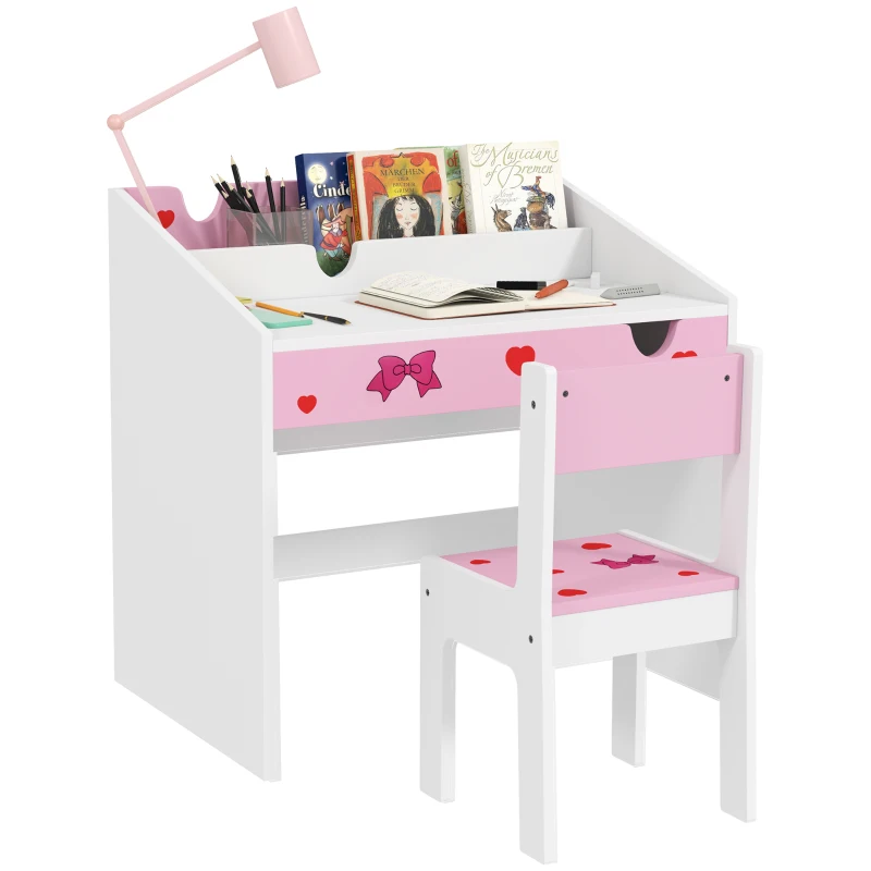 AIYAPLAY Conjunto de Secretária e Cadeira para Crianças com Gaveta Amovível e Compartimento para Dormitório Sala de Jogos Rosa e Branco