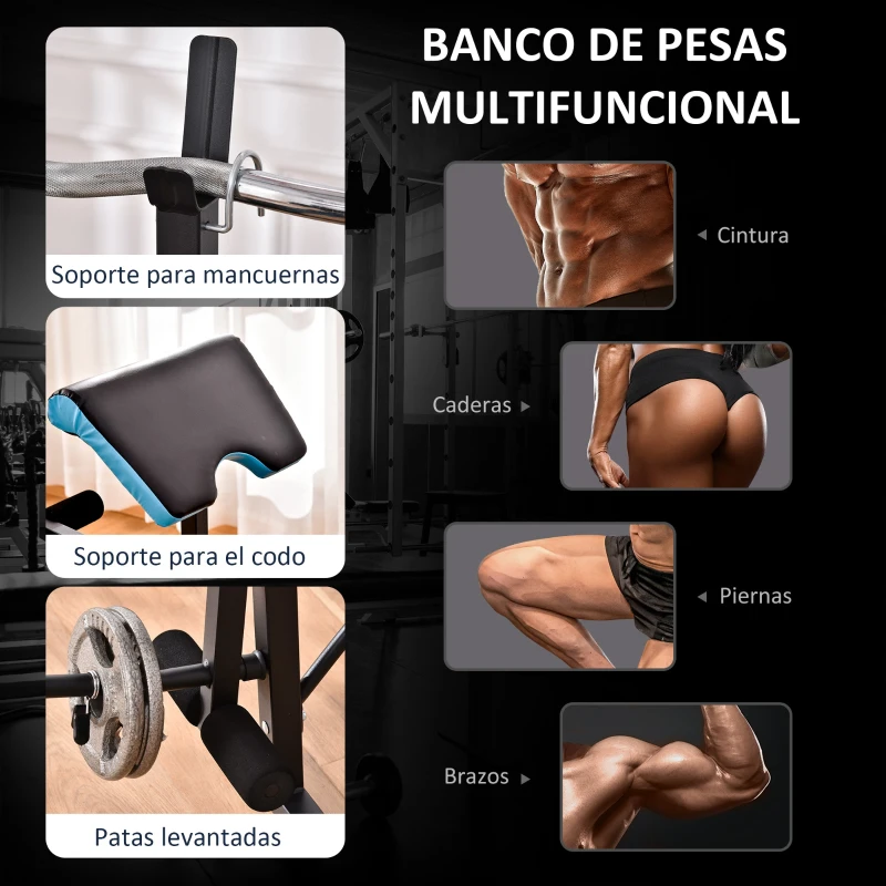 HOMCOM Banco de Musculación Banco de Pesas con Soporte para Barra y Respaldo Ajustable para Entrenamiento en Casa Gimnasio Azul