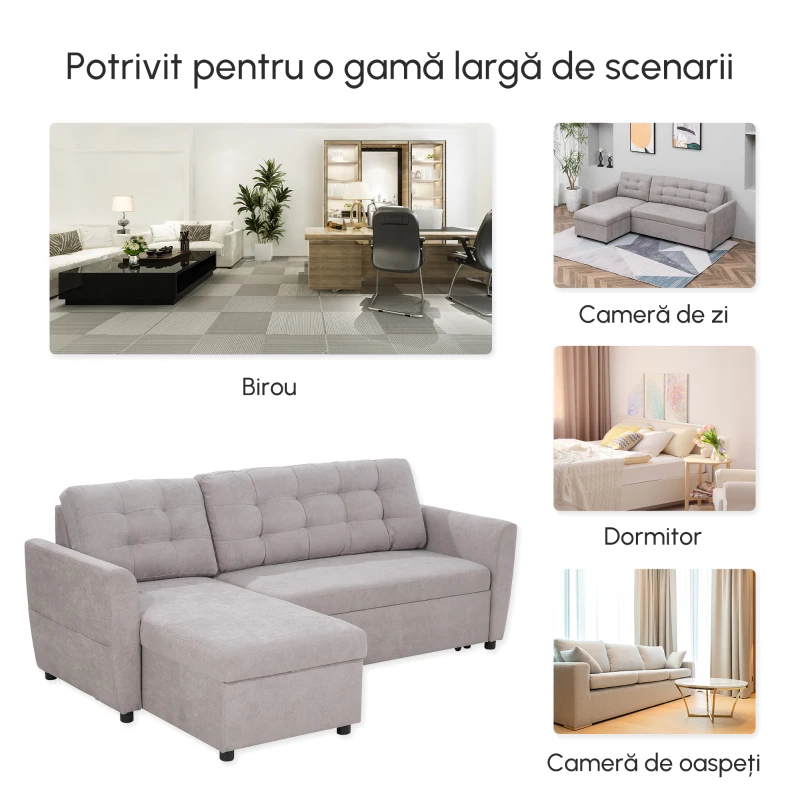 HOMCOM Canapea Extensibila pe Colt 3 locuri cu Sezlong Compartiment din Material Textil(m-4)