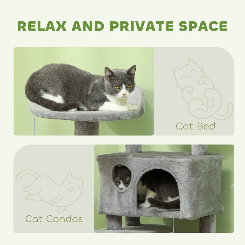 PawHut 138cm Cat Tree, Multi-Level Cat Tower with Scratching Posts and Pad, Bed, Condos, Platforms, Toy Balls, Light Grey
