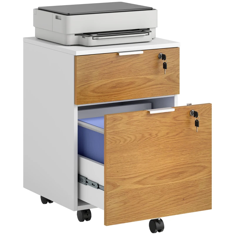 HOMCOM Caisson de bureau, meuble de rangement 2 tiroirs 2 barres pour dossier suspendu, verrouillable avec 2 clés 42x40x60 cm