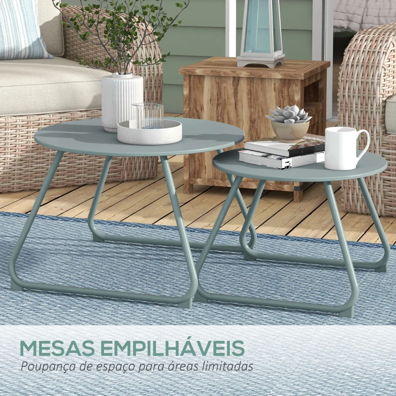 Outsunny Conjunto de 2 Mesas de Jardim Empilháveis Mesas Auxiliares de Jardim Redondas com Estrutura de Metal e Revestimento Epóxi Azul