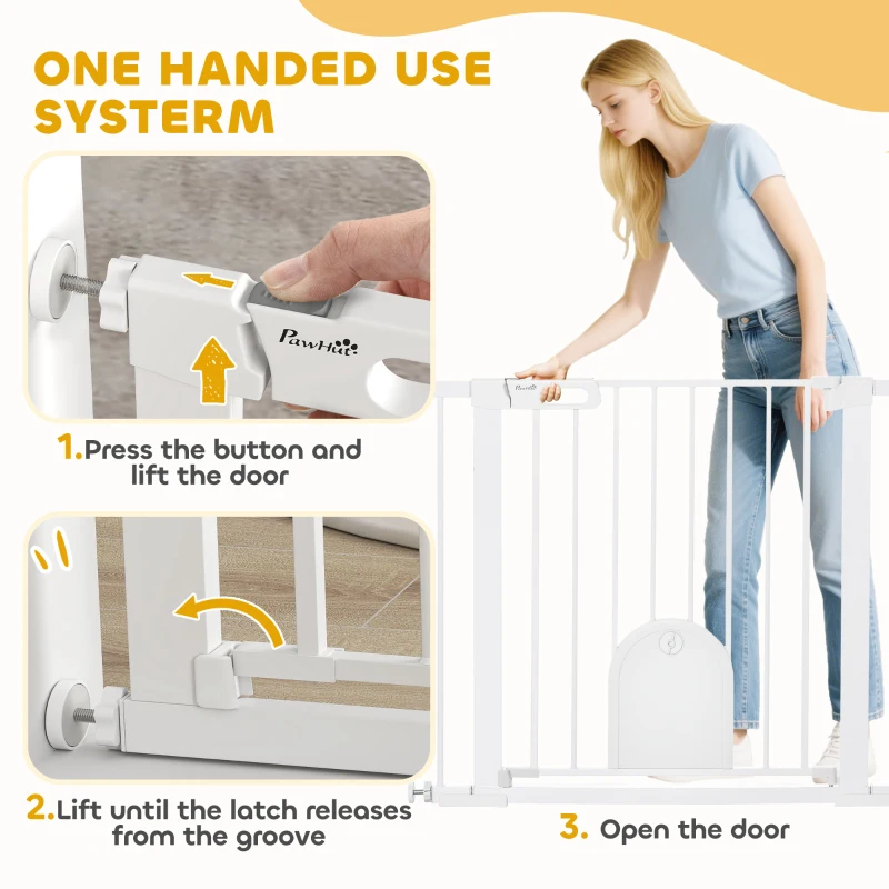 PawHut Dog Gate with Cat Flap Pet Safety Gate Barrier, Stair Pressure Fit, Auto Close, Double Locking, for Doorways, Hallways, 75-103 cm White