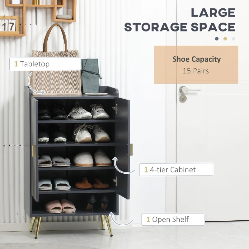 HOMCOM Modern Shoe Cabinet with 2 Doors, Open Shelf and Adjustable Shelves, 15 Pair Hallway Shoe Cupboard, Entryway Storage Unit, Grey