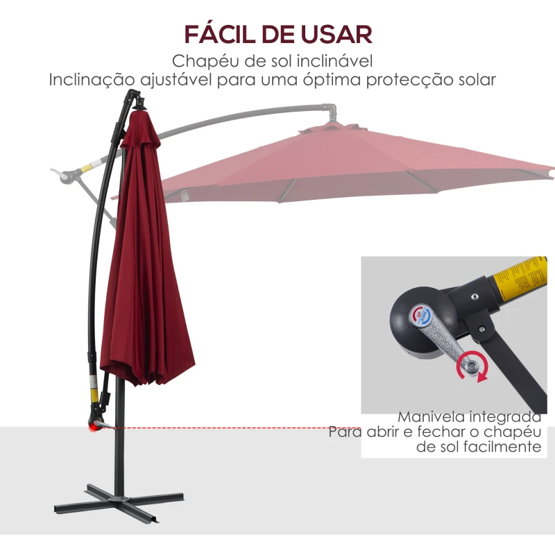 Outsunny Chapéu de Sol de Jardim Ø295x245 cm Chapéu de Sol Excêntrico Inclinável com Manivela Base Cruzada Vinho