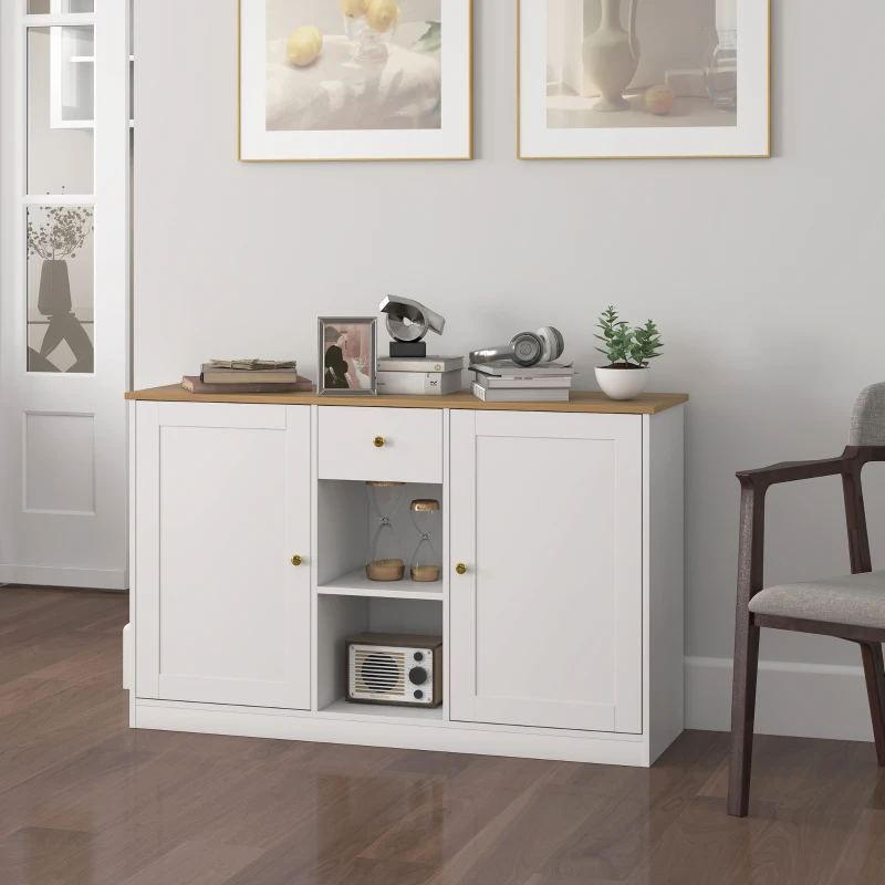 HOMCOM Küchenkommode, Sideboard mit Schublade, Schränken, Regalen, Spanplatte, Weiß(m-9)