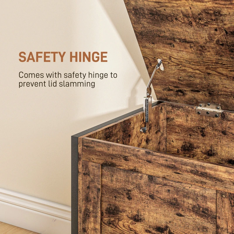 HOMCOM Bancă de Depozitare de 95L în Stil Industrial cu Capac cu Balamale de Siguranță, 80x40x49 cm, Maro Rustic