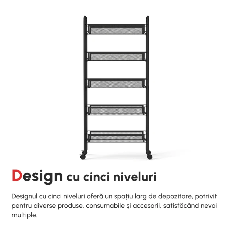 HOMCOM Carucior de bucatarie pe 5 niveluri cu cosuri din plasa, carucior de depozitare pentru sufragerie si dormitor din otel, 45x26,5x106cm, negru