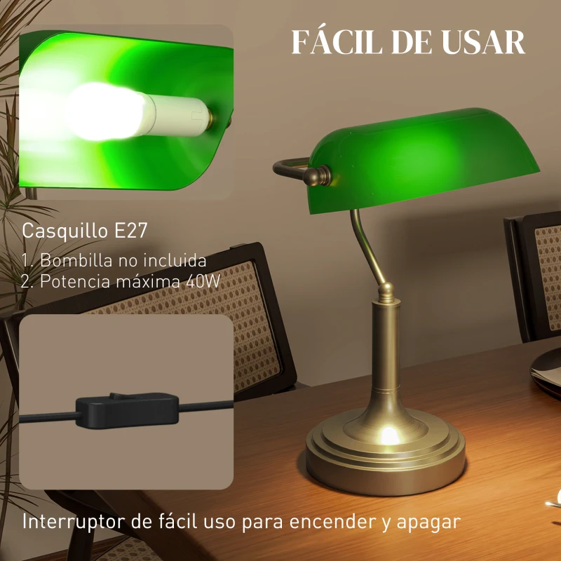 HOMCOM Lámpara de Escritorio Banquero E27 con Pantalla Ajustable Interruptor Basculante para Hogar Oficina Biblioteca Verde