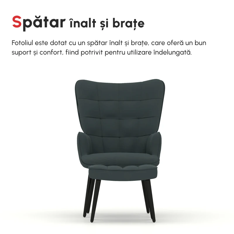 HOMCOM Fotoliu Tapițat pentru Interior cu Brațe și Taburet Integrat, Fotoliu pentru Sufragerie din Țesătură cu Efect de Catifea, 73x77.5x98 cm, Gri Închis