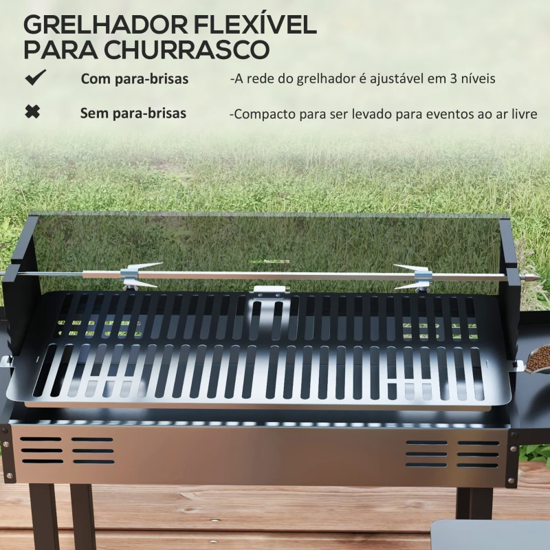 Outsunny Barbecue a Carvão Barbecue Portátil 118x32x90 cm com Espeto Giratório Ajustável em Altura com 3 Níveis Preto