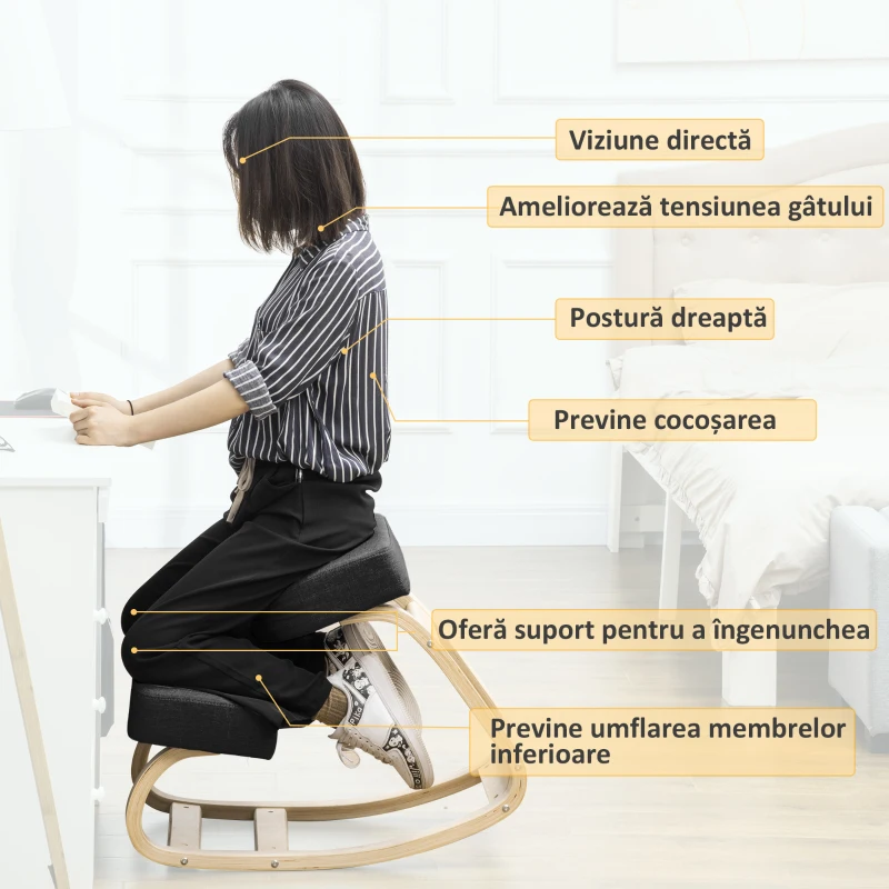 Vinsetto Scaun Ergonomic cu Suport pentru Genunchi din Lemn de Mesteacăn, 51x69x58 cm, Negru