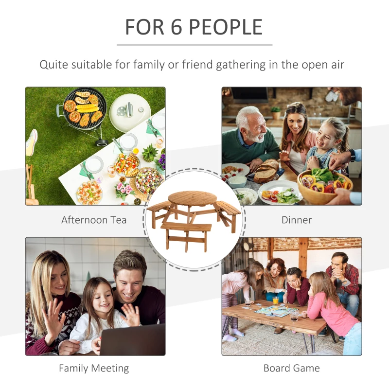 Outsunny Round Table W/3 Attached Benches-Fir Wood