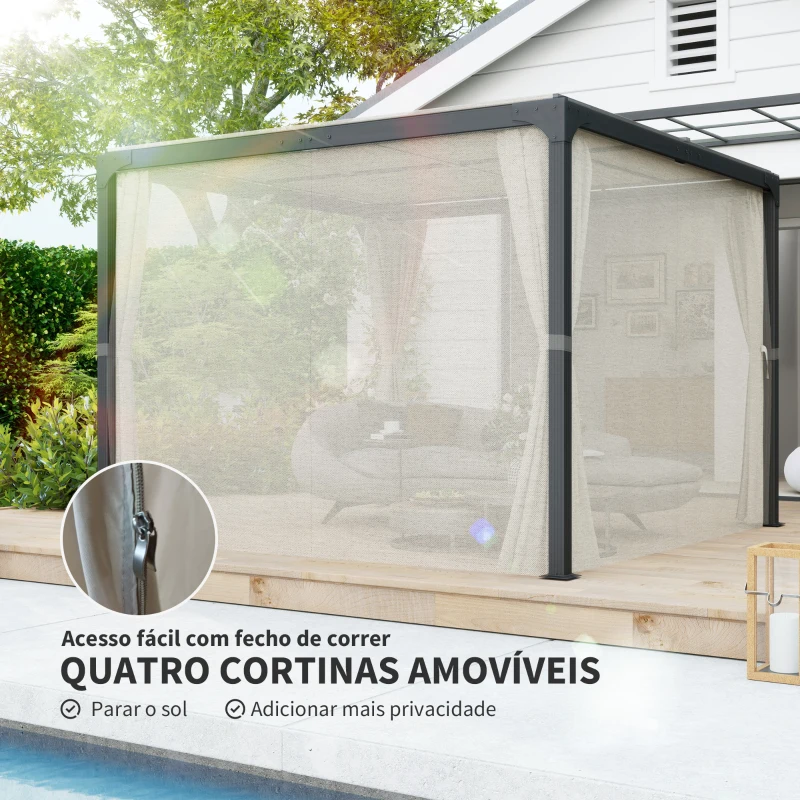 Outsunny Pérgola de Alumínio 420x295x220 cm Pérgola de Jardim com Telhado de Correr 4 Paredes Laterais e Orifícios de Drenagem Bege e Preto