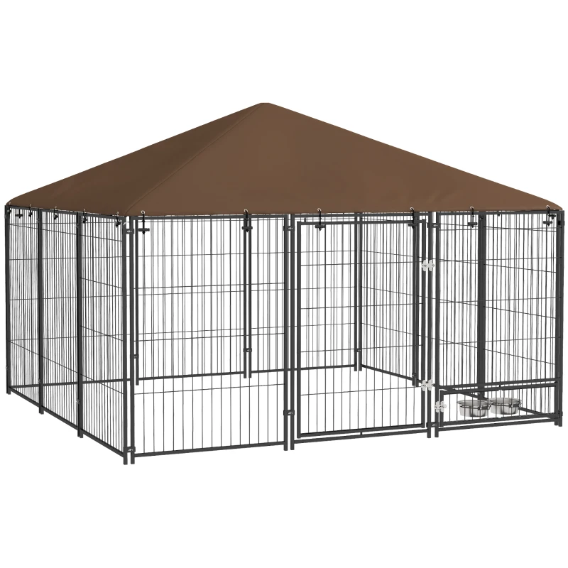 PawHut Parque para Cães com Toldo Canil para Exterior com Suporte Giratório para Comida 2 Tigelas 211x211x151 cm Preto Marrom