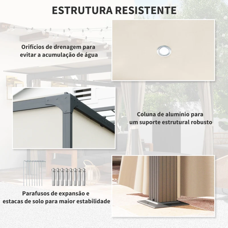 Outsunny Pérgola de Alumínio 420x295x220 cm Pérgola de Jardim com Telhado de Correr 4 Paredes Laterais e Orifícios de Drenagem Bege e Preto