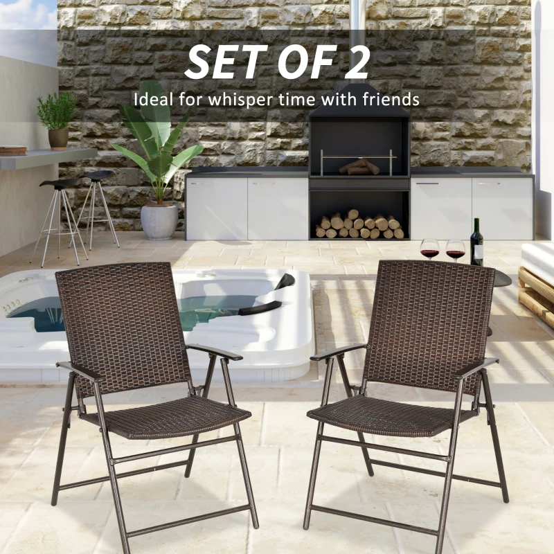 Outsunny 2pcs Folding Garden Chair Rattan Bistro Set with Armrest for Outdoor Steel Frame