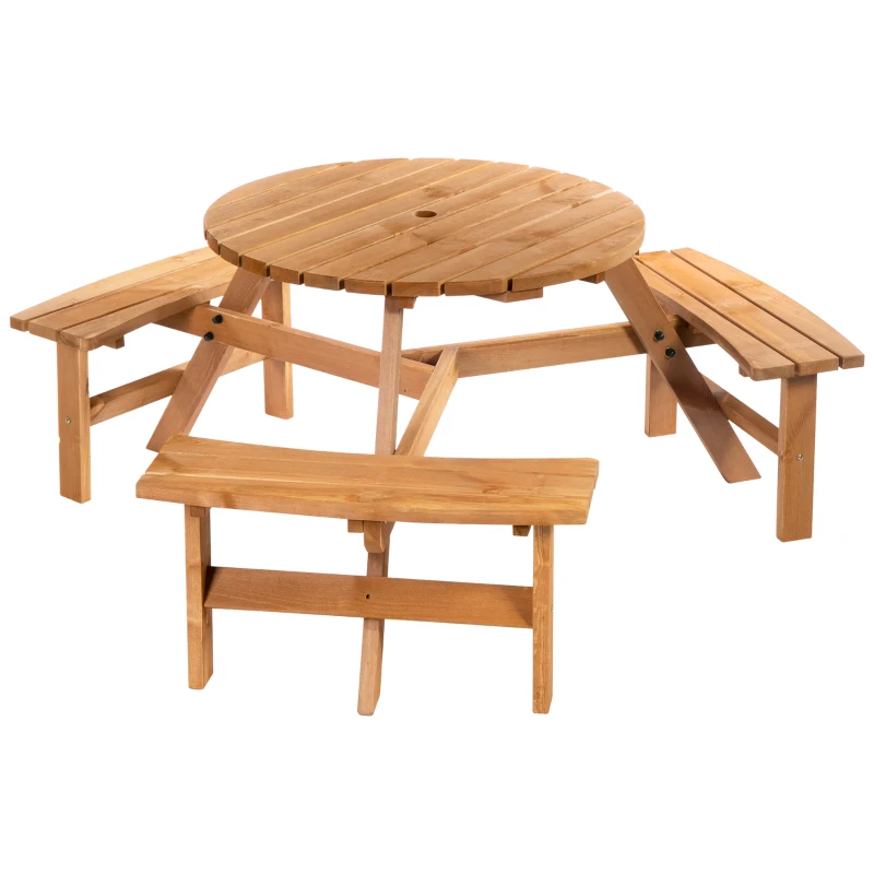 Outsunny Round Table W/3 Attached Benches-Fir Wood
