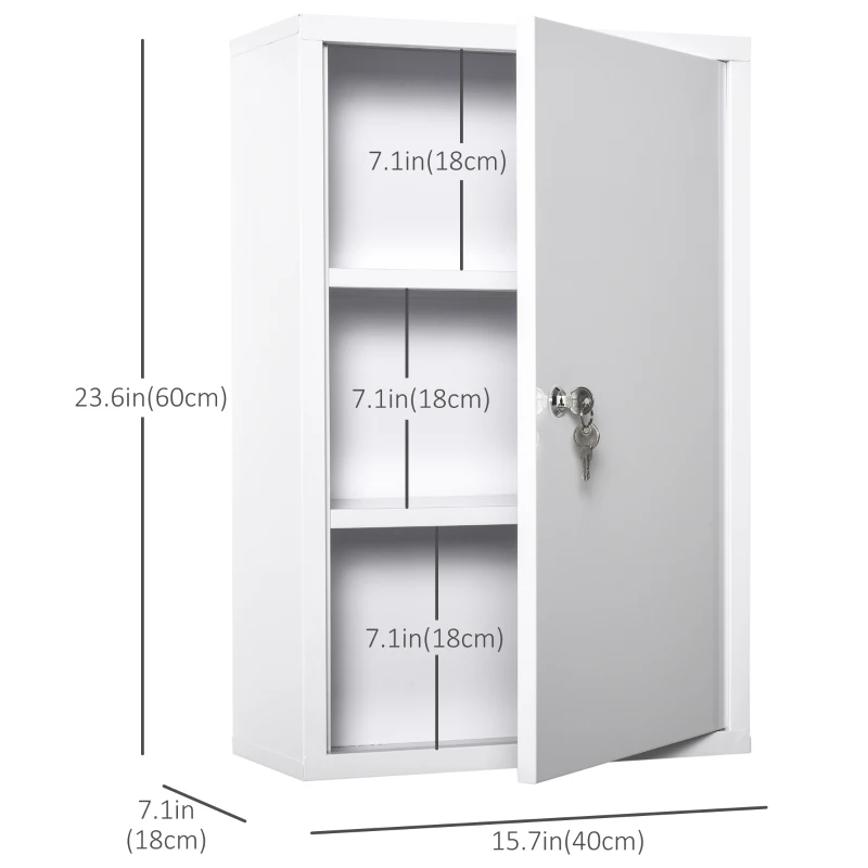 kleankin 24''x16'' Steel Wall Mount Medicine Cabinet 3 Tier First Aid Kit Home Emergency Box for Bathroom Kitchen, Lockable with 2 Keys