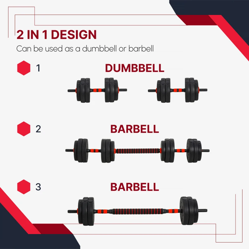 HOMCOM 25kg 2 IN 1 Adjustable Dumbbells Weight Set, Dumbbell Hand Weight Barbell for Body Fitness, Lifting Training for Home, Office, Gym, Black