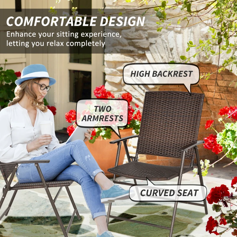 Outsunny 2pcs Folding Garden Chair Rattan Bistro Set with Armrest for Outdoor Steel Frame