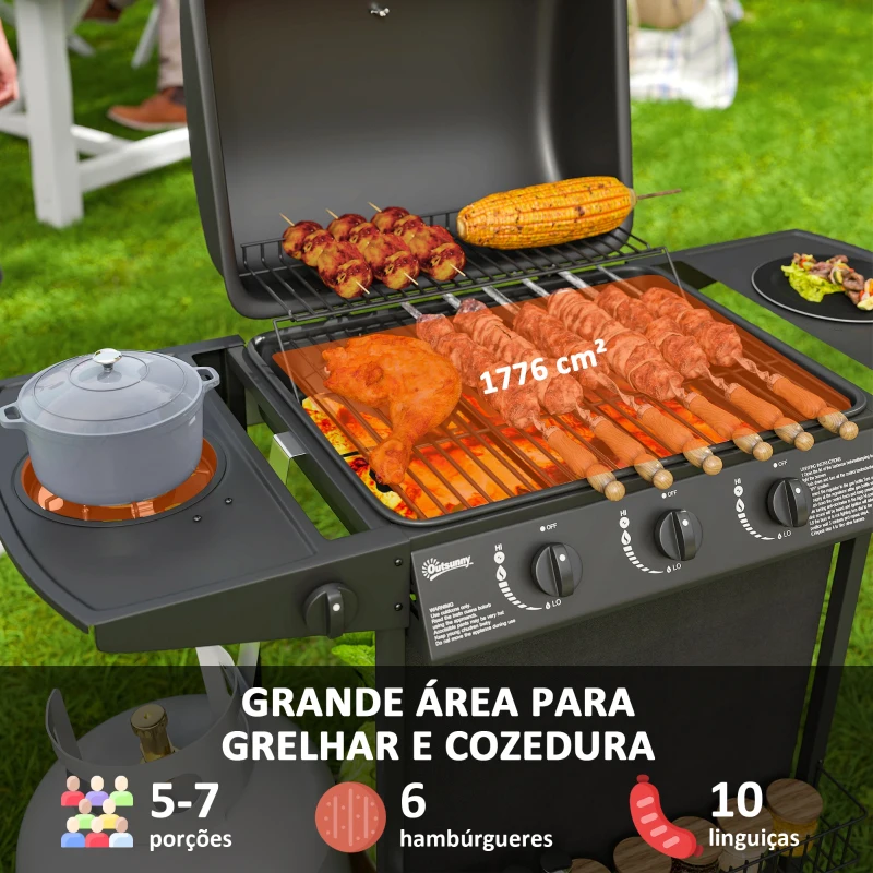 Outsunny Barbecue a Gás com 3+1 Queimadores 9,5 kW Termómetro Grelha Recolhedor de Gordura e 2 Rodas 108x54x97 cm Preto