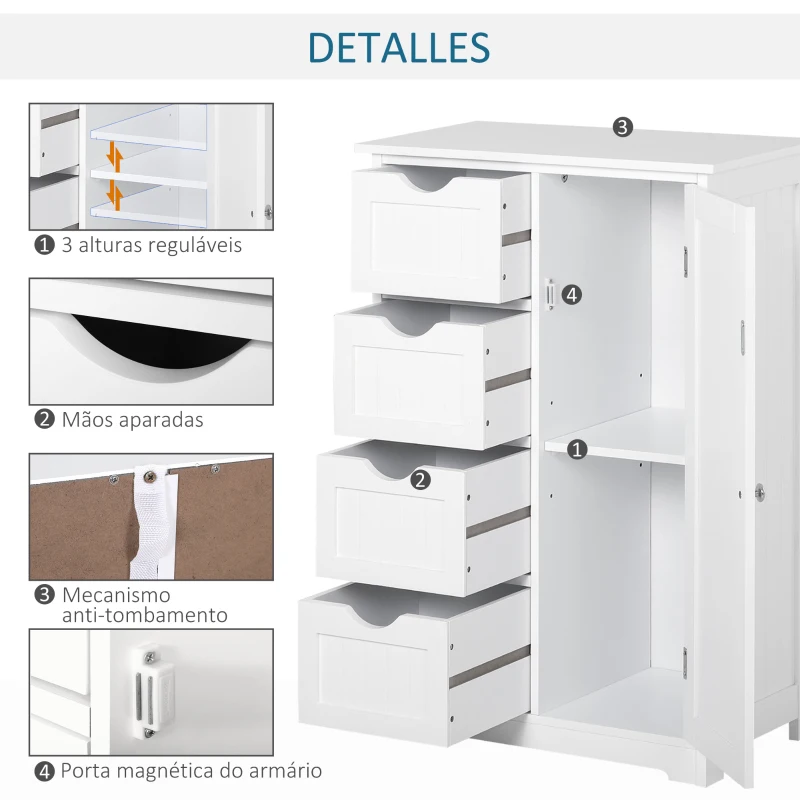kleankin Armário Casa de Banho Móvel Auxiliar Organizador Moderno de Madeira com 1 Armário e  Gavetas 56x30x83 cm Branco