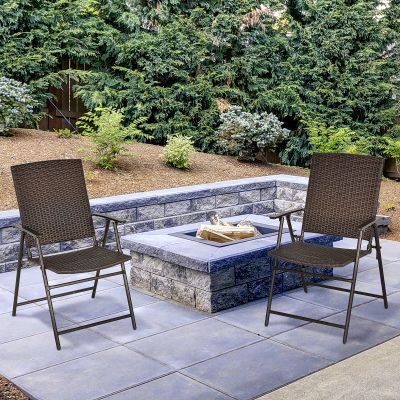 Outsunny 2pcs Folding Garden Chair Rattan Bistro Set with Armrest for Outdoor Steel Frame