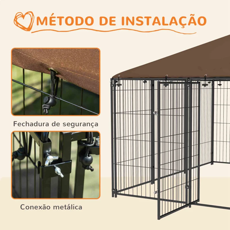 PawHut Parque para Cães com Toldo Canil para Exterior com Suporte Giratório para Comida 2 Tigelas 211x211x151 cm Preto Marrom