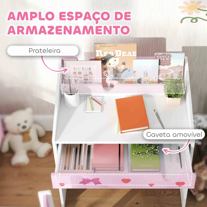 AIYAPLAY Conjunto de Secretária e Cadeira para Crianças com Gaveta Amovível e Compartimento para Dormitório Sala de Jogos Rosa e Branco