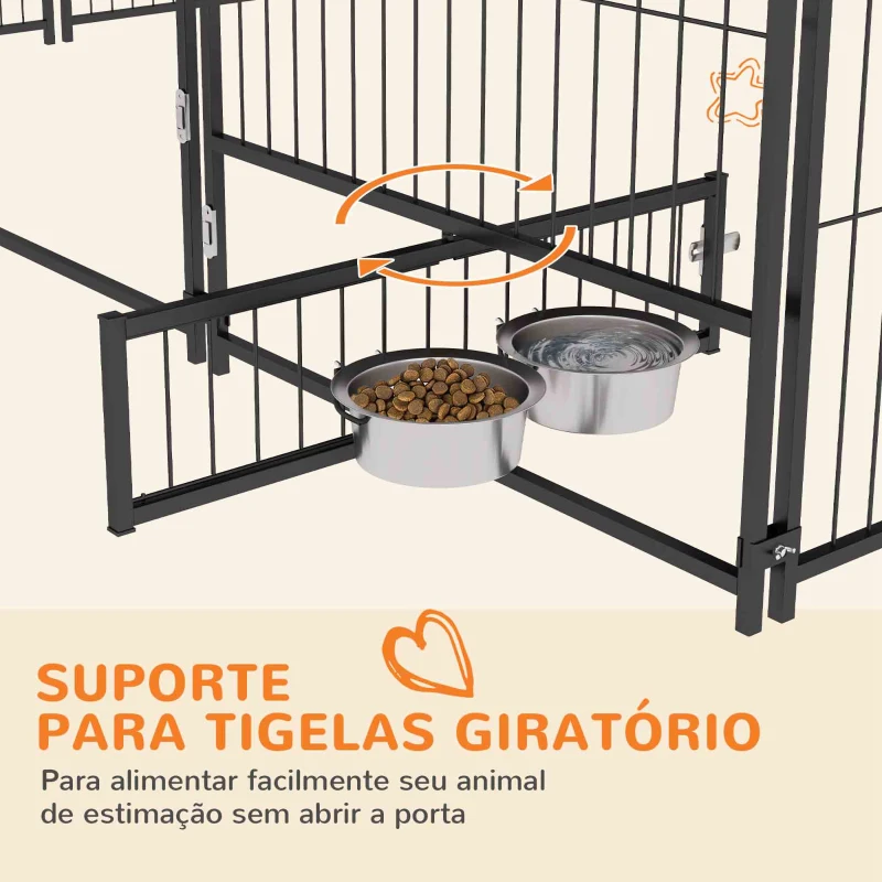 PawHut Parque para Cães com Toldo Canil para Exterior com Suporte Giratório para Comida 2 Tigelas 211x211x151 cm Preto Marrom