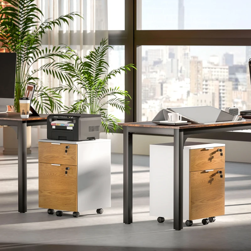 HOMCOM Caisson de bureau, meuble de rangement 2 tiroirs 2 barres pour dossier suspendu, verrouillable avec 2 clés 42x40x60 cm