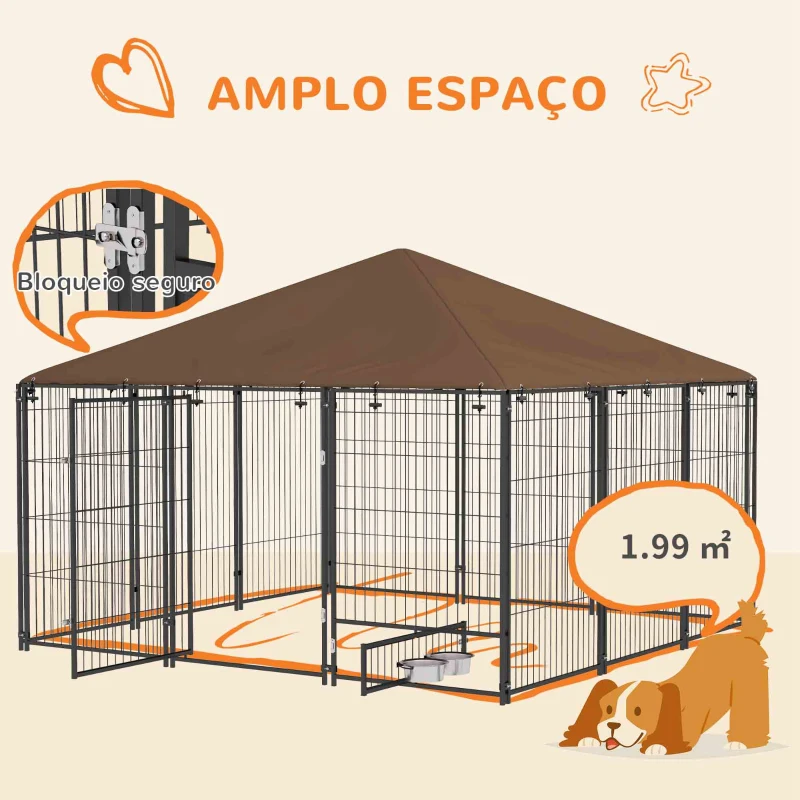PawHut Parque para Cães com Toldo Canil para Exterior com Suporte Giratório para Comida 2 Tigelas 211x211x151 cm Preto Marrom