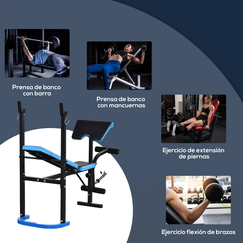 HOMCOM Banco de Musculación Banco de Pesas con Soporte para Barra y Respaldo Ajustable para Entrenamiento en Casa Gimnasio Azul