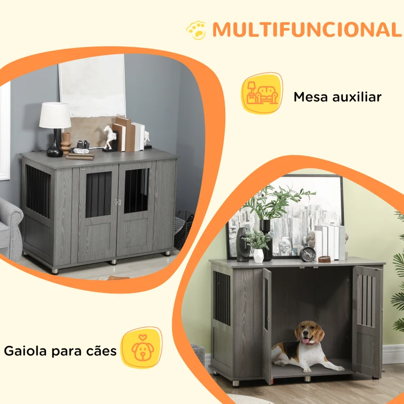 PawHut Gaiola para Cães Grandes Desmontável 2 em 1 Mesa Auxiliar com 2 Portas com Trava e 4 Janelas 114x60x82 cm Cinza