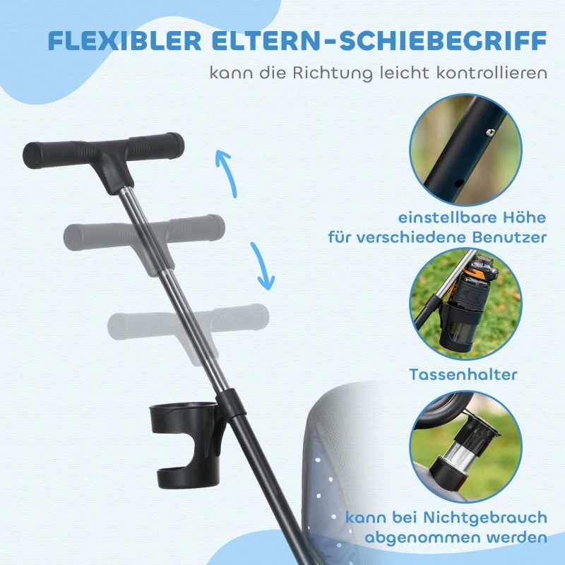 HOMCOM 6-w-1 Trójkoło dla dzieci z rączką do pchania, daszek, pasy, koszyk, dla dzieci 1-5 lat, Kolor Granatowy