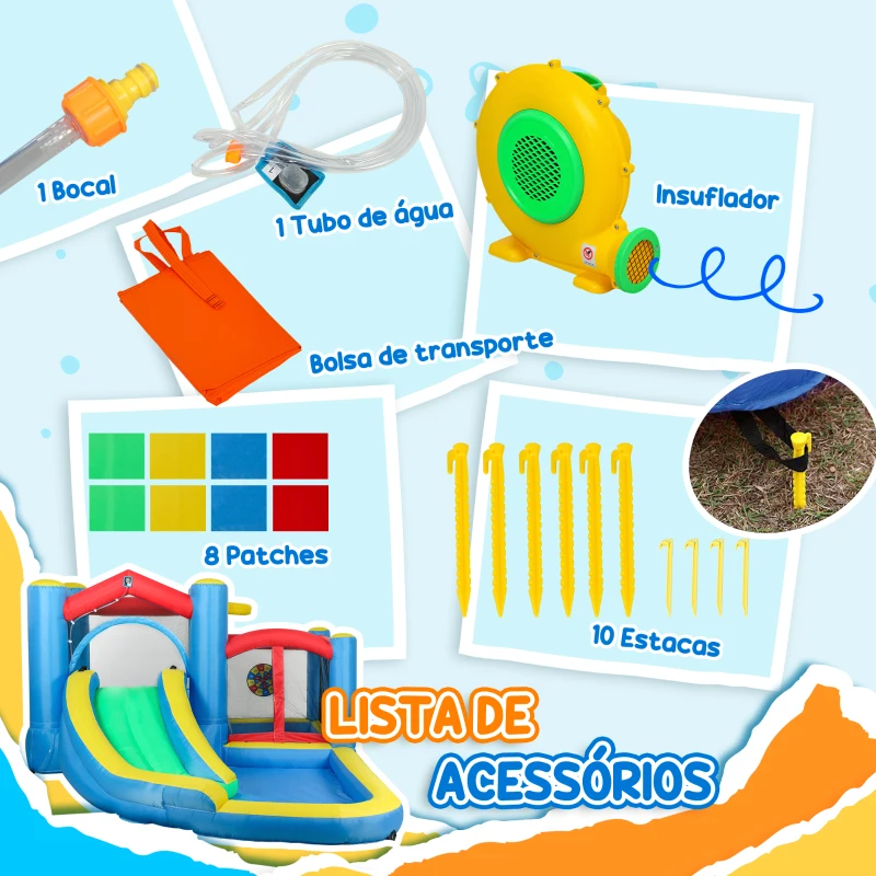 AIYAPLAY Castelo Insuflável 5 em 1 Parque Aquático Insuflável para Crianças com Escorrega Piscina Alvo e Cesta  385x290x180 cm Multicor